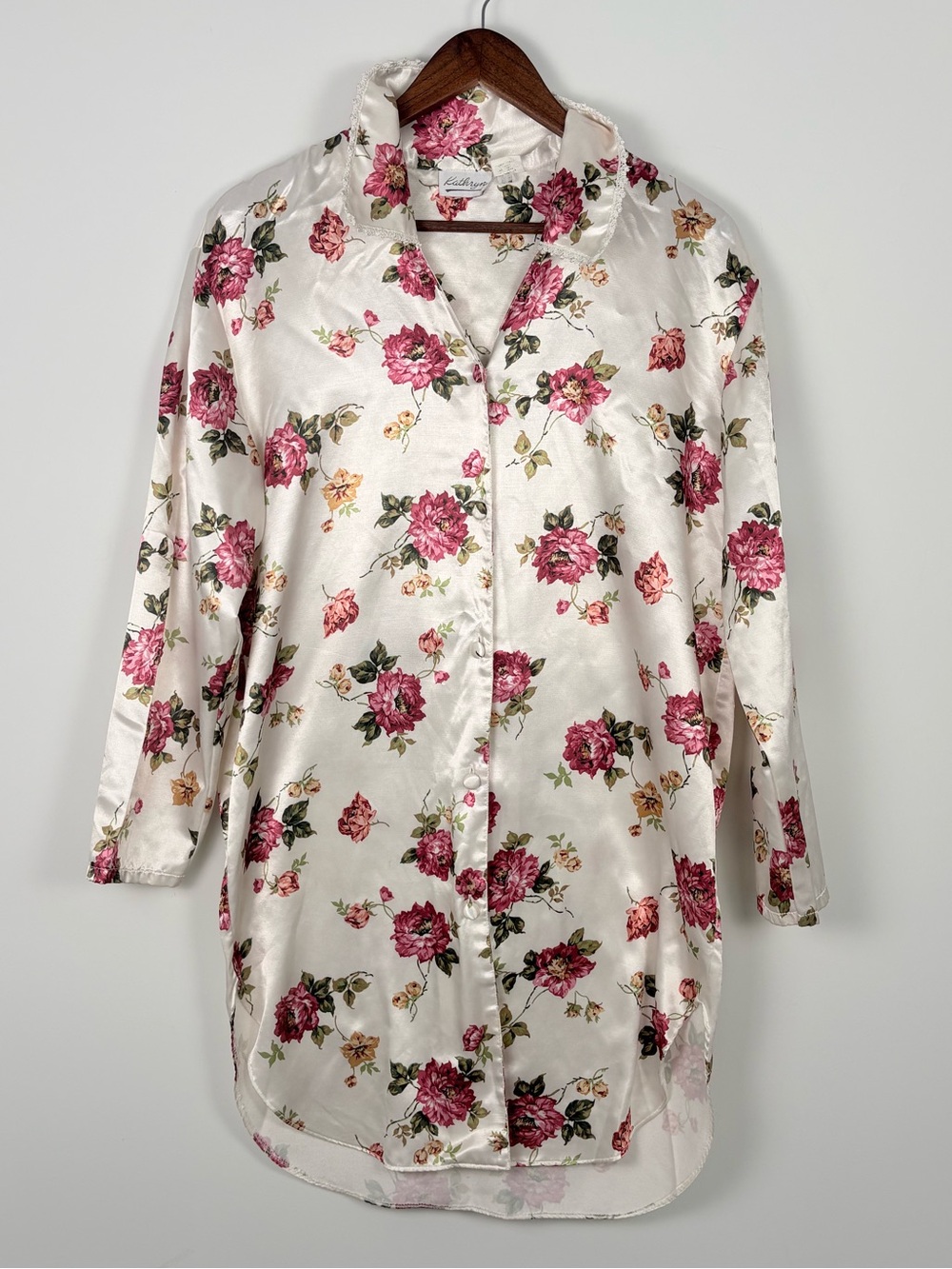 Vintage Satin Floral Button-Up Pajama Sleep Shirt Dress Cream Pink Roses Small